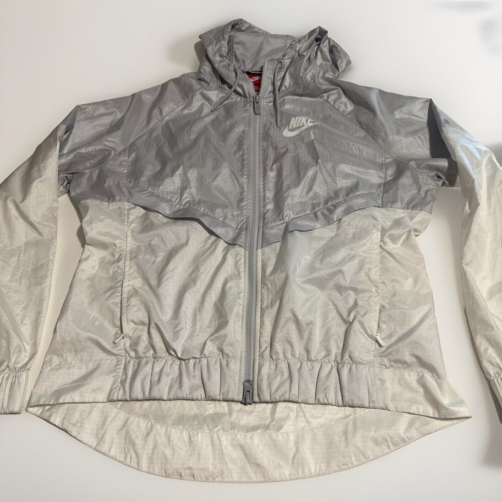 VTG‎ Y2K Nike Jacket Women White Silver Swoosh Track Windbreaker Parachute Baggy